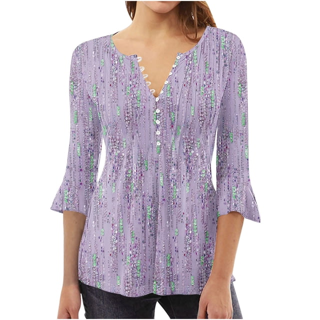 Blouses pour Femmes, T-Shirt Imprimé Manches 3/4 Blouse Col en V Décontractée