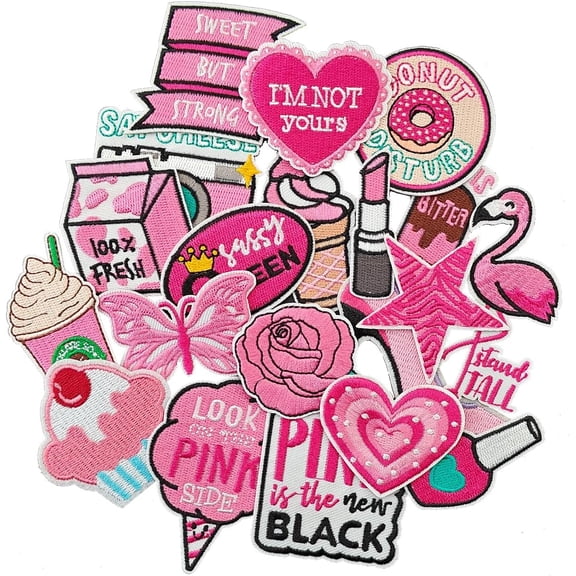J.CARP 20 Pieces Pink Iron on Patch, Girls Iron on Patches Set, Sew On/Iron on Patch Applique for Clothes, Dress, Hat, Jeans, DIY Accessories