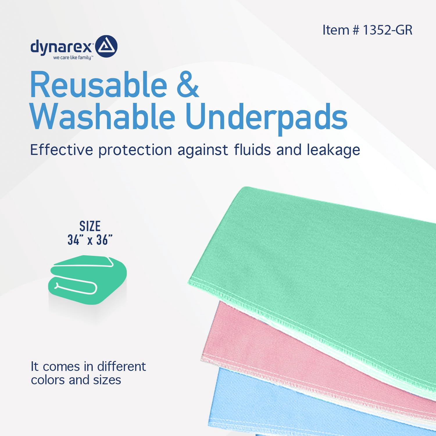 Dynarex DynaCare Incontinence Bed Pads, Reusable Washable Underpads, 34" x 36", Green, 3 Count