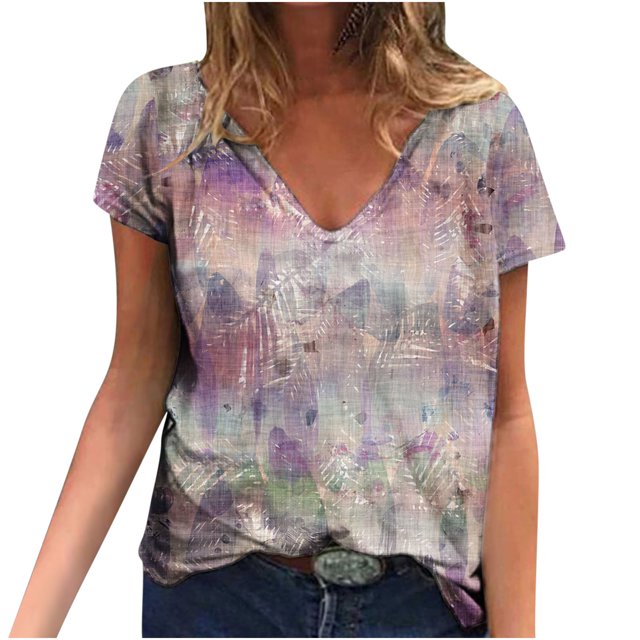 Blusa estampada de verano para mujer, camisetas casuales de manga corta con cuello en V, camisetas Pompotops hkajfhjk472473