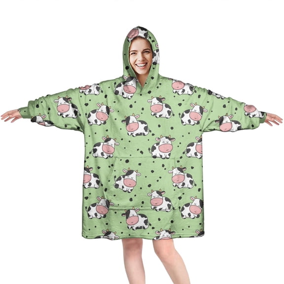 Wearable Oversized Blanket,Green Cow Dot Pattern Wearable Blanket Hoodie for Adults,Cozy Hooded Blankets with Super Pockets,Super Warm Fuzzy Pullover for Women & Men