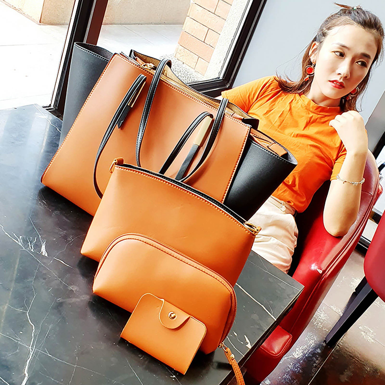 ZTTD Women's Tote Bags Fashion Lady Leather Three Piece Shoulder Bag Wallet Shoulder Bag Portable Crossbody Bag Women's Bag
