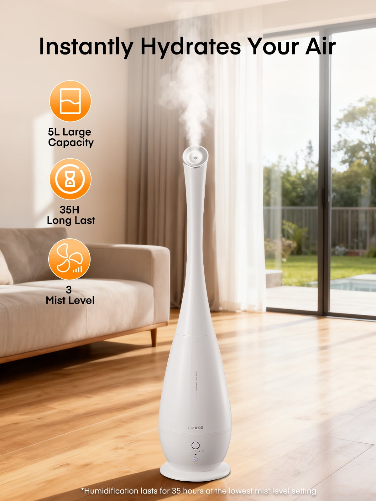 FOHERE 5L Ultrasonic Cool Mist Tower Humidifier, Smart Humidity Sensor with Remote, 48H Runtime Quiet Baby Bedroom Humidifier, Essential Oil Diffuser for Large Room Home Office, 3 Mist Speed, White
