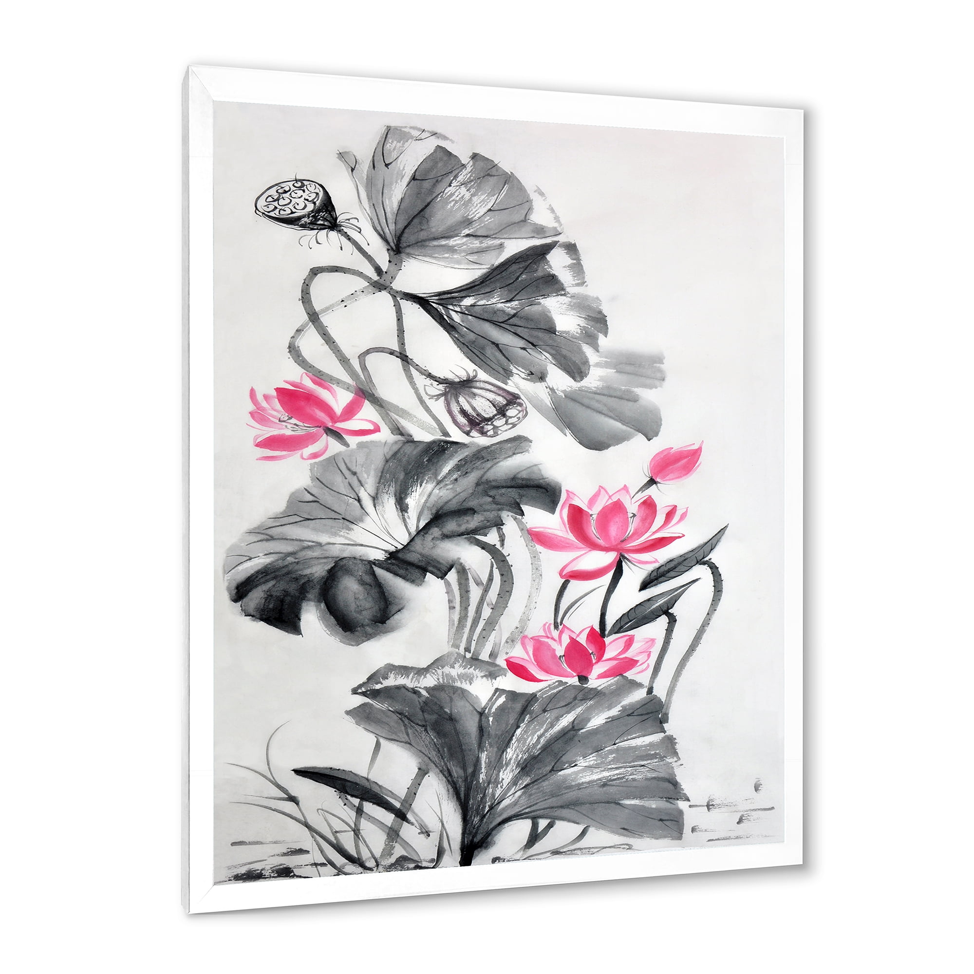 Designart 'Pink Vintage Lotus Flower and Monochrome Leaves' Traditional Framed Art Print