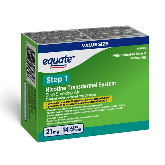Equate Clear Step 1 Patches, Nicotine Transdermal Patch, 21mg, Stop Smoking Aid