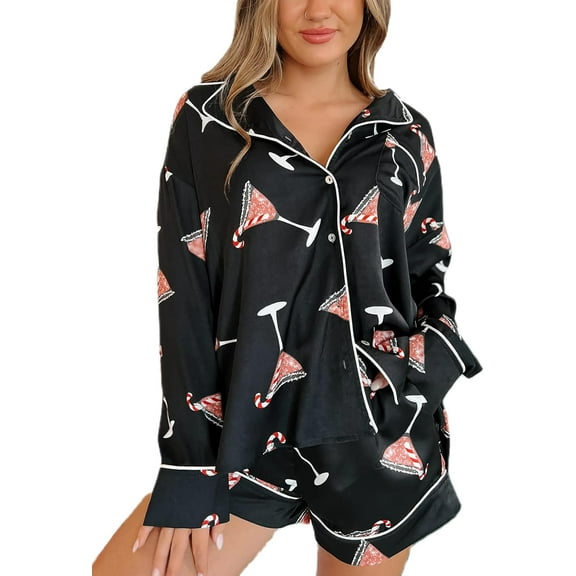 Women Christmas Pajamas Shorts Set Santa Claus Pjs Long Sleeve Button Down Shirt Pants 2 Piece Xmas Jammies Loungewear