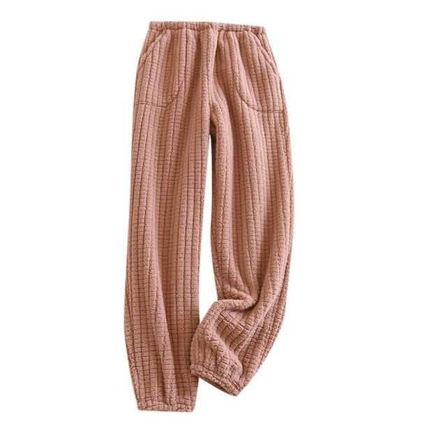 Pantalones de pijama de franela para mujer con cintura elástica - Pantalones gruesos de felpa para el invierno con diseño de cordones en las piernas para mayor calidez