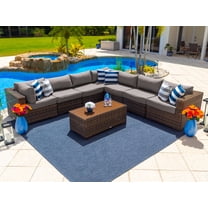 Tuscany 8-Piece Resin Wicker Outdoor Patio Furniture Sectional Sofa Set with Seven Modular Sectional Seats and Coffee Table (Half-Round Brown Wicker, Sunbrella Canvas Taupe)