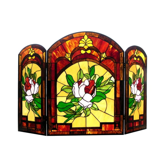 RADIANCE Goods Tiffany-Glass Floral Design 3pcs Folding Fireplace Screen 42" Wide