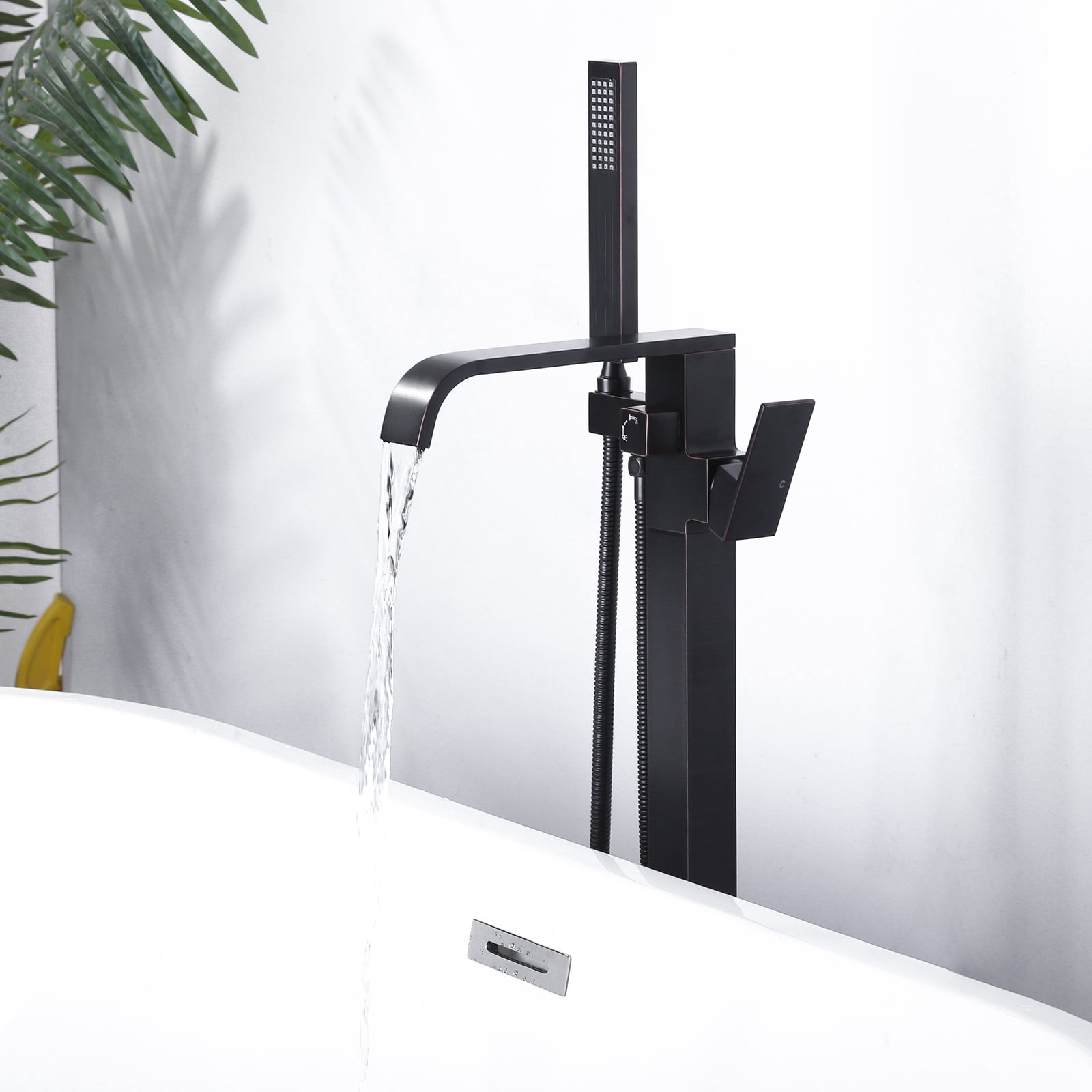 Wowow Oil Rubbed Bronze 1-handle Freestanding Waterfall Bathtub Faucet with Hand Shower (Valve Included)