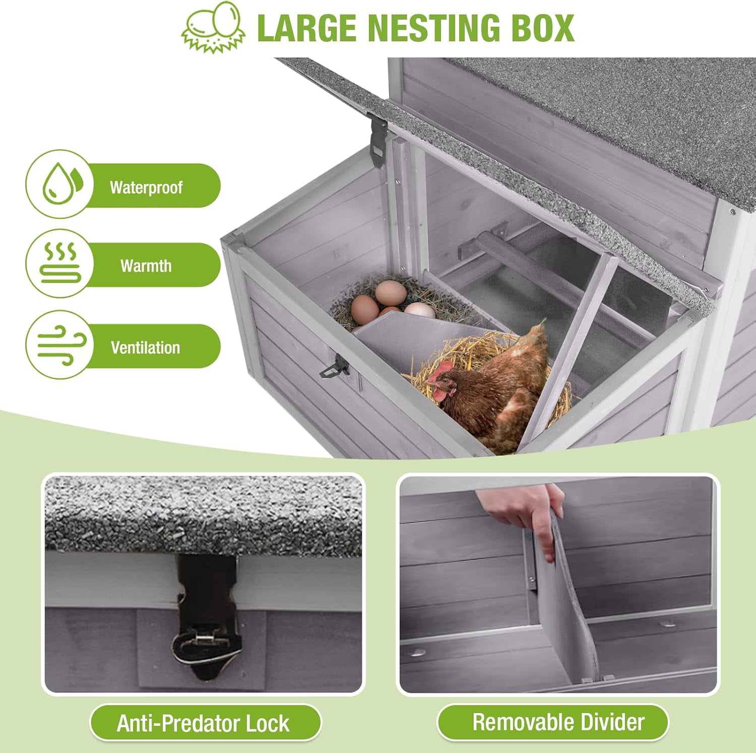 Outdoor Chicken Coop with Nesting Box, Weatherproof Hen House with Leakproof Pull-Out Tray, Oenable Roof, Poultry Coops for Chickens, Duck & Quail