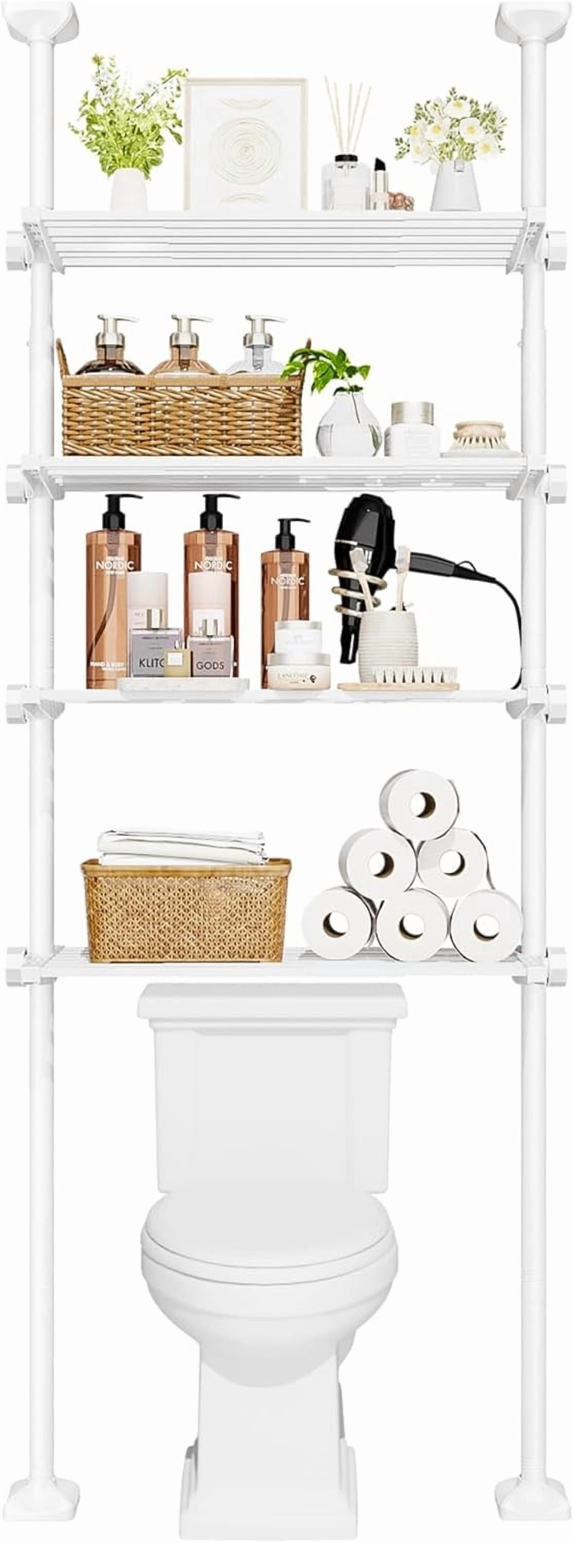 Over The Toilet Storage Shelf 4 Tier Adjustable Tension Mounted Metal Bathroom Organizer White