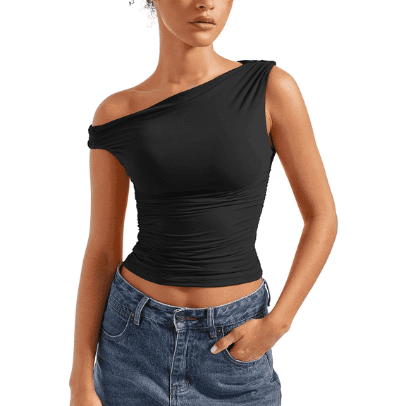 SOMER Women’s Off-Shoulder Tops Sleeveless Stretchy Shirts Crop Tank Top Summer Going Out 2026 Black