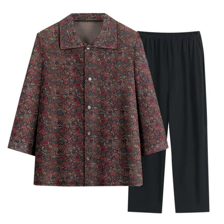 

Women Spring Summer Thin Soft Skin Friendly Shirt Floral Single Buttoned Seven Quarter Sleeve Top Seven Quarter Pants Two Piece Set XXL