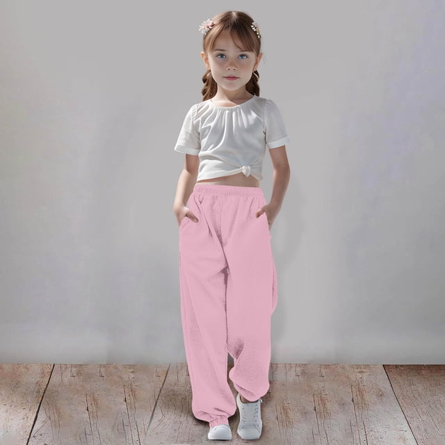 Medium & Large Girls Sweatpants - Solid Color, Drawstring, Fleece-Lined, Adjustable Waist, for Sports & Casual Outings