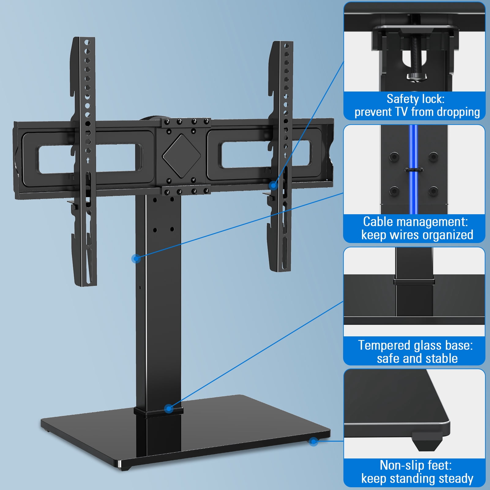 HOMOUNT Universal Table Top TV Stand for 37"-75" Flat Screen TVs, 9 Height Adjustable, Tilt, Swivel TV Base with Tempered Glass Base,TV Mount Hold up to 88lbs