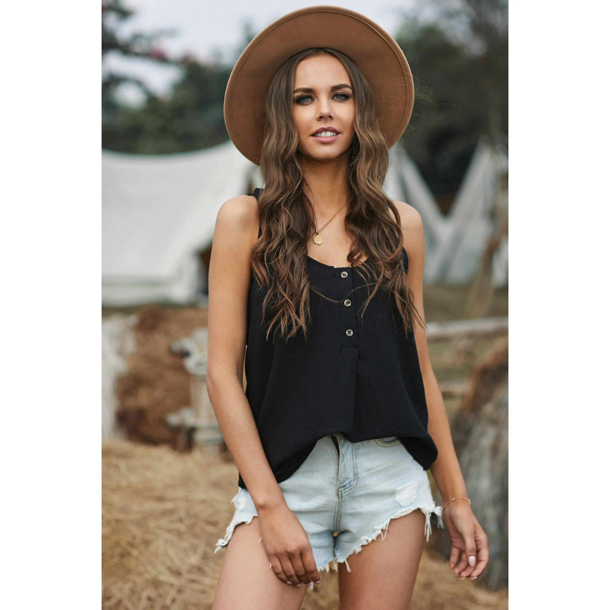 Debardeur en Coton Texture a Bouton Noir pour Femmes