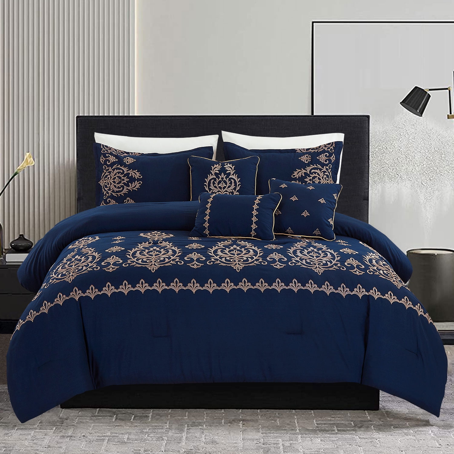 HAOK Soft 7 Piece Comforter Set Bed in a Bag, Embroidery Design, King, Navy/Gold