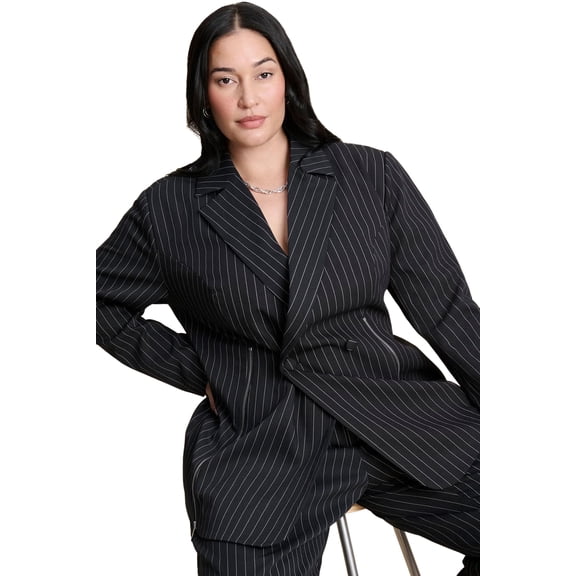 ELOQUII Women's Plus Size Zip Hem Pinstripe Blazer