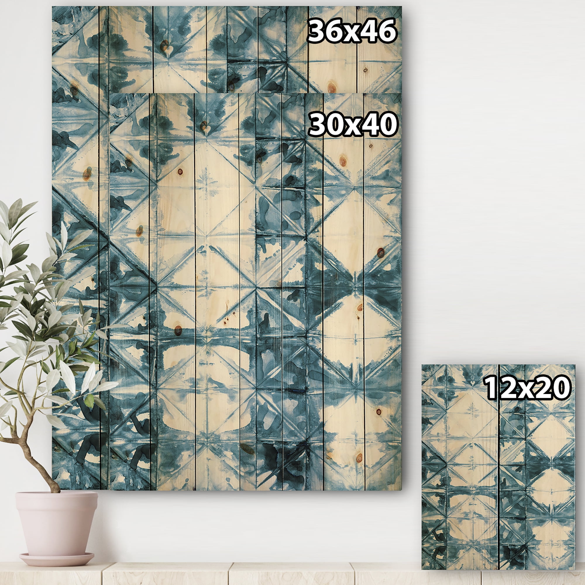 Designart 'Geometrical Watercolor Indigo I' Contemporary Print on Natural Pine Wood