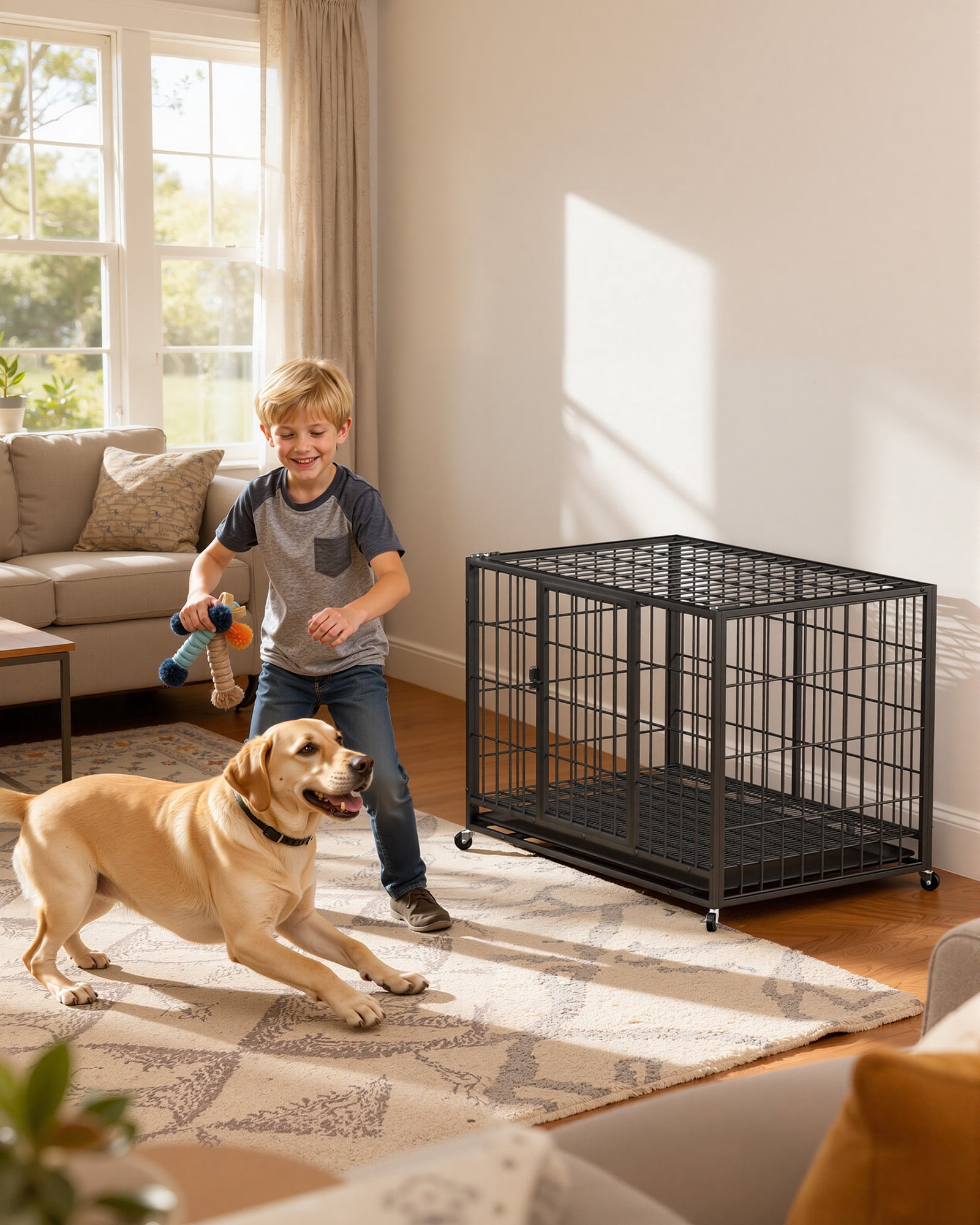TIME RAY 38" Metal Wire Dog Crate for Large Dogs with Tray and Double Door, Dog Cage for Yard Indoor Outdoor Use,XL Dog Cage Kennel,Black