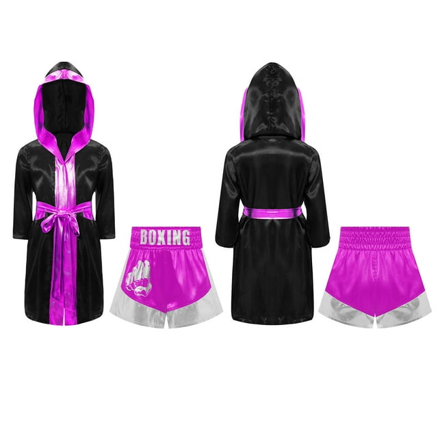 Raenseen Boys Boxing Outfits Metallic Satin Robe with Shorts Boxer Party Black&Hot Pink 10