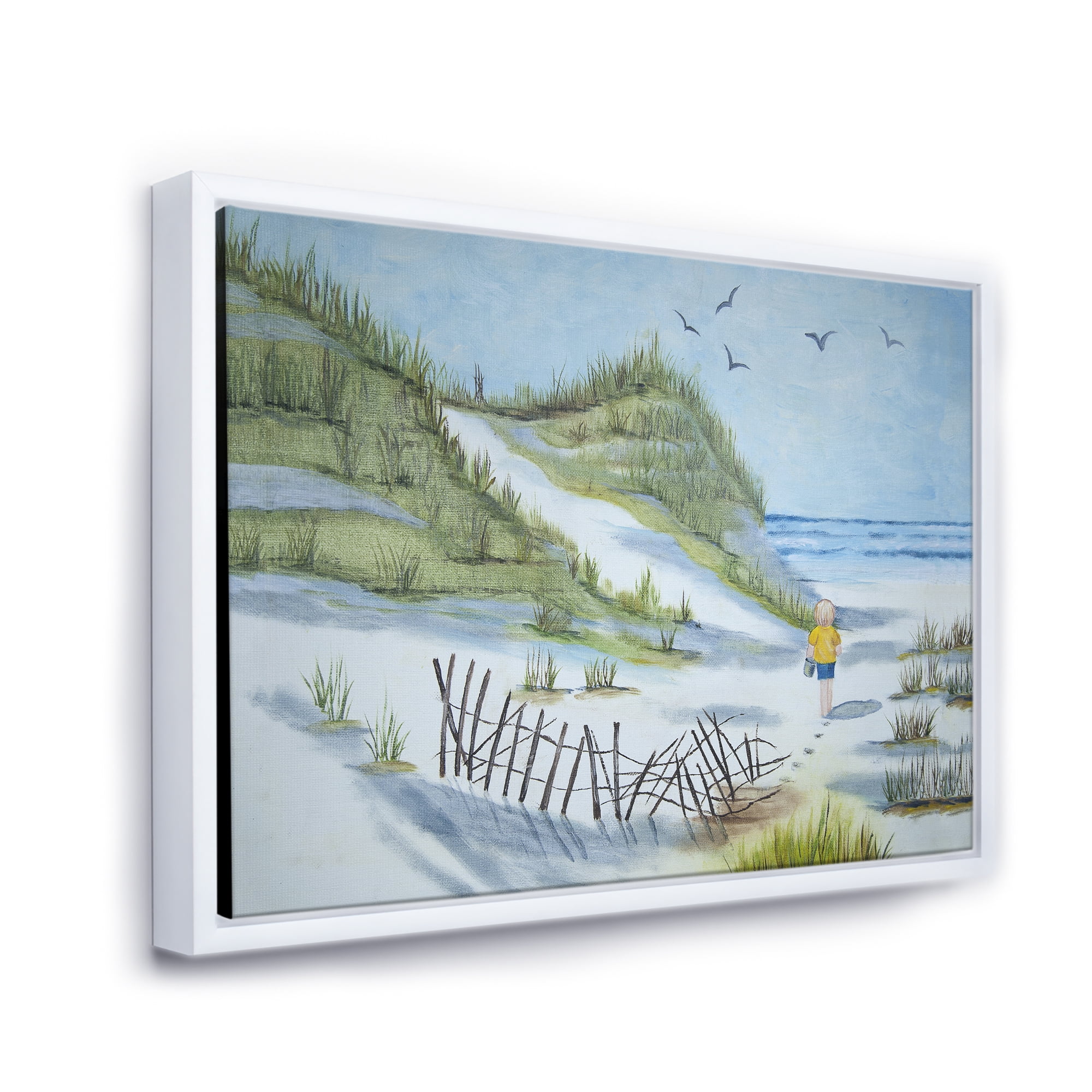 Designart 'Child Walking to The Beach' Nautical & Coastal Framed Canvas Wall Art Print