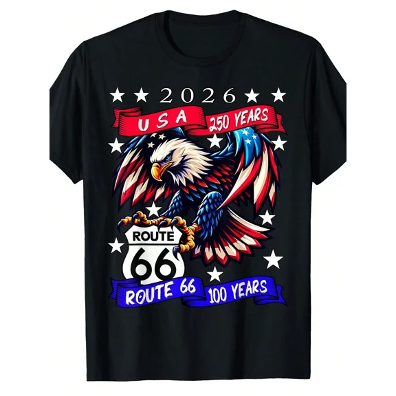 Patriotic USA 250 Years 2026 Route 66 100th Anniversary Bald Eagle American Flag Retro Vintage Graphic T-Shirt for Men and Women