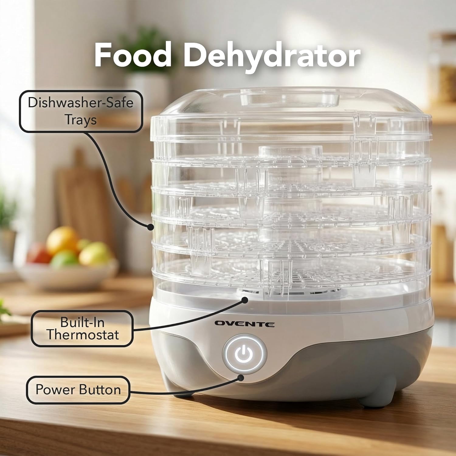 OVENTE Food Dehydrator Machine with 5 Stackable Clear Trays and Drying Space, 240W Electric Food Preserver and Dryer for Snacks, Beef Jerky, Fruits, Veggies, Yogurt and Herbs, Grey DF215GY