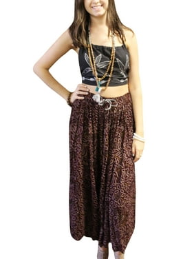 Mogul Women Long Maxi Skirts Bandhani Printed Maroon Broomstick Full Flared Gypsy Boho Maxi Skirt L