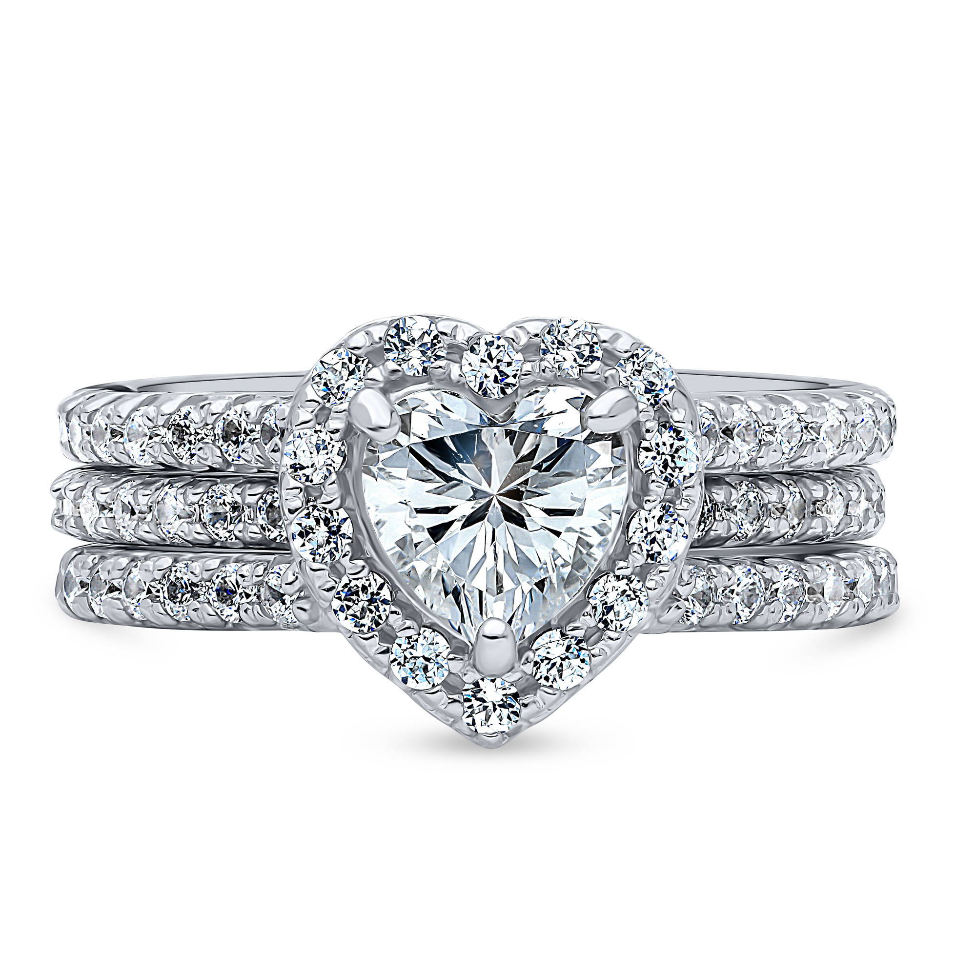 BERRICLE Sterling Silver Halo Wedding Engagement Rings Heart Shaped Cubic Zirconia CZ Heart Insert Ring Set for Women, Rhodium Plated Size 8.5