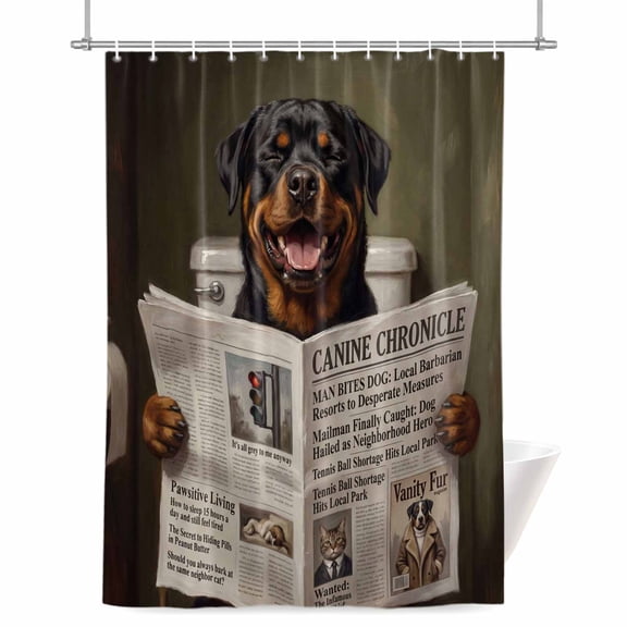 Funny Dog Puppy Shower Curtain, Cute Rottweiler Cartoon Newspaper Toilet Waterproof Shower Curtain Set with 12 Hooks Lightweight Bath Curtains Fabric Bathroom Decor 72x72 Inches