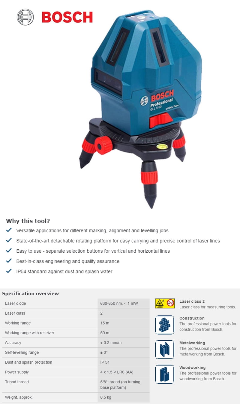 Bosch Gll 5 50x Professional Self Level Cross Line Laser Tool