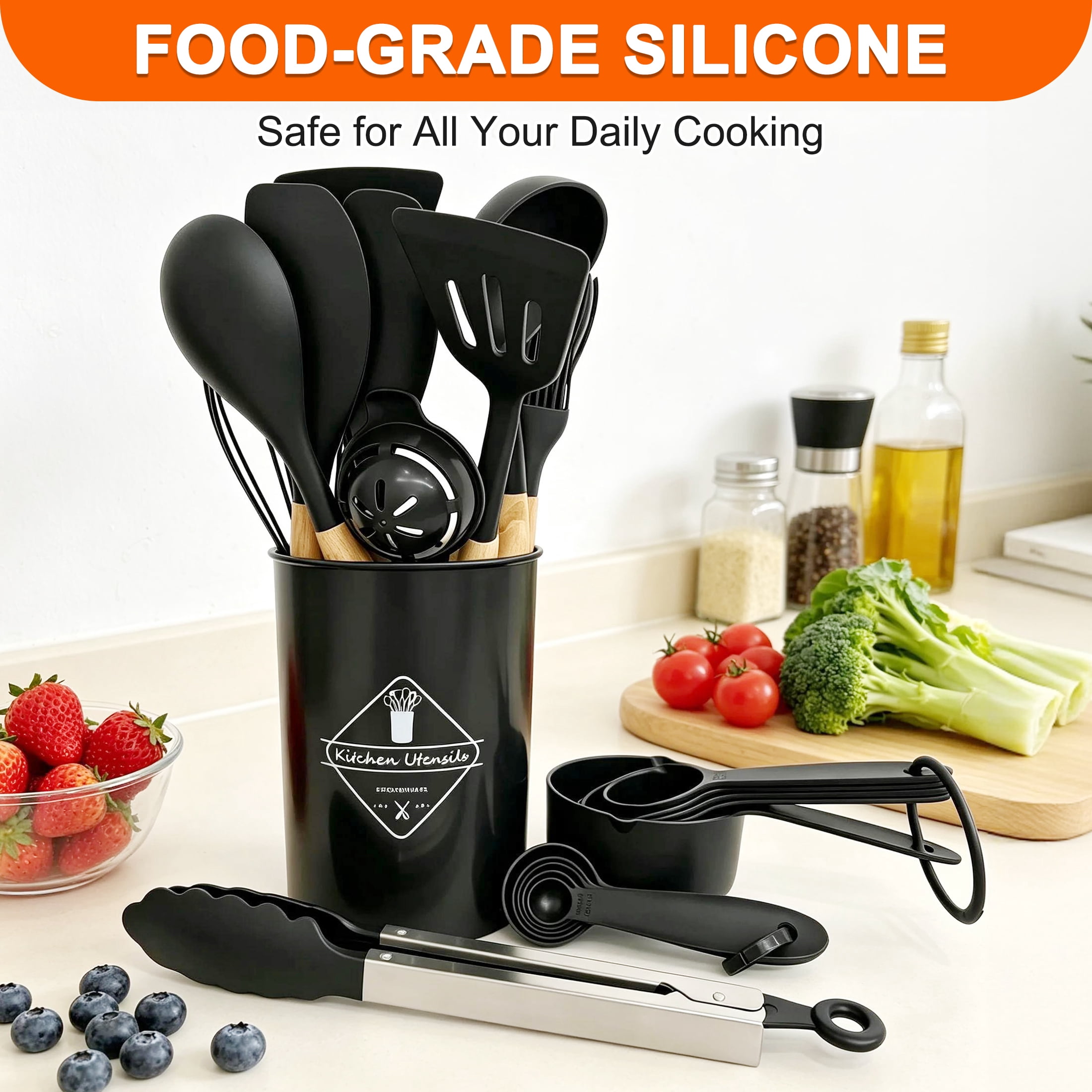 GARITIN Silicone Kitchen Utensils, Cooking Utensils Sets for Nonstick Cookware with Storage Holder, Black