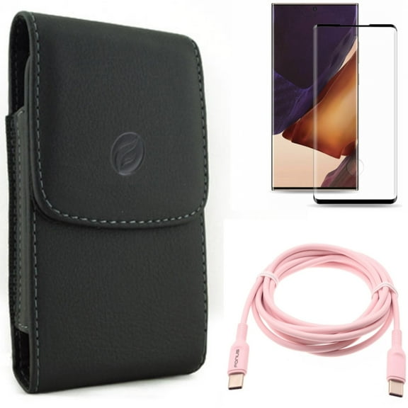 Screen Protector & Case Belt Clip & Pink 6ft Long Cable for Samsung Galaxy Note 20 Ultra (6.9") - Combo with Tempered Glass (Fingerprint Unlock) & Leather Holster & USB-C to Type-C PD Fast Charger
