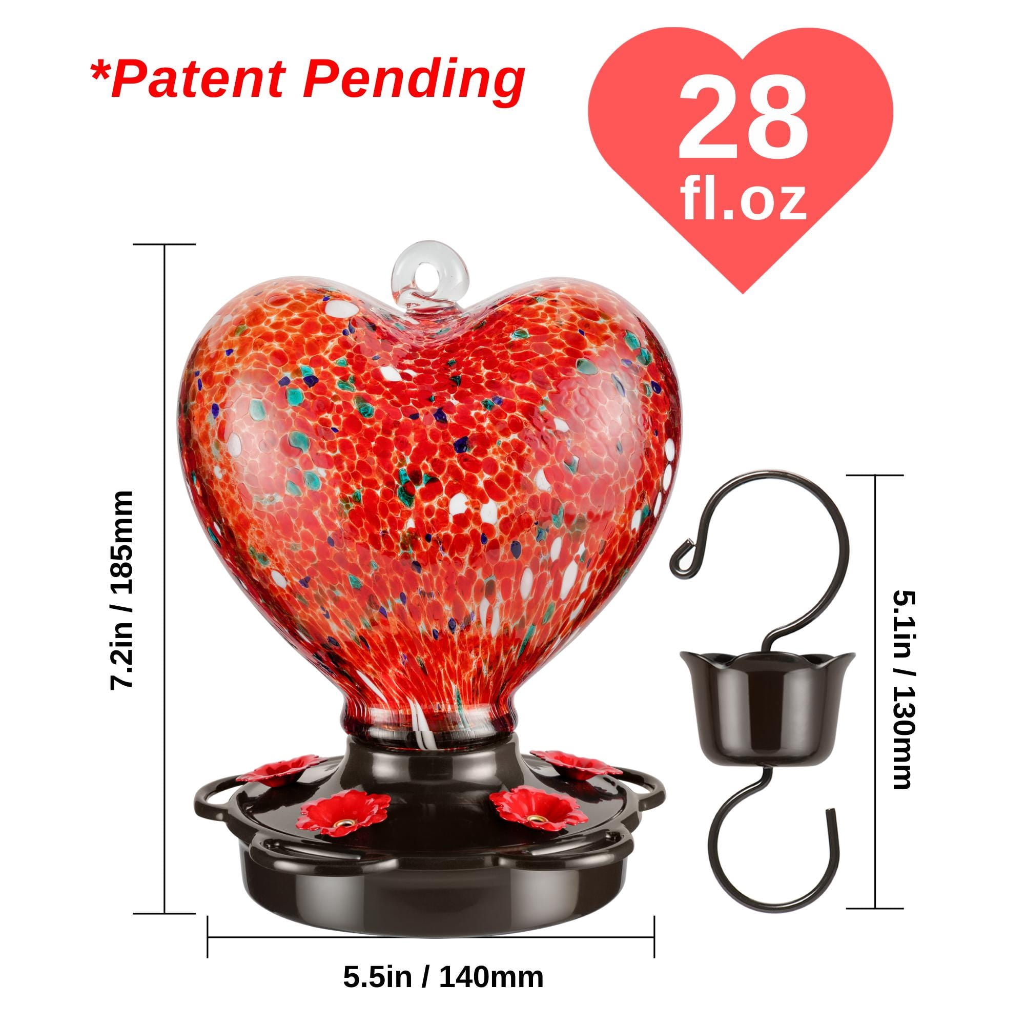 Heart Shaped Hummingbird Feeder for Outdoors Hanging, Hand Blown Glass, 28 oz, Leak Proof & Rustproof, Perfect Gift for Bird Lovers - Red