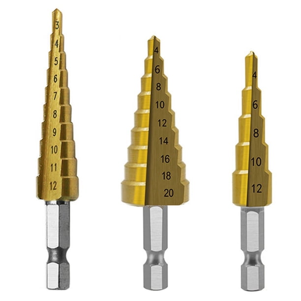 Broca Escalonada 3 Piezas Hss Juego de Brocas Escalonadas Cortadora de Agujeros CóNicos Brocas de NúCleo Hexagonal de NitruracióN MéTricas Oro
