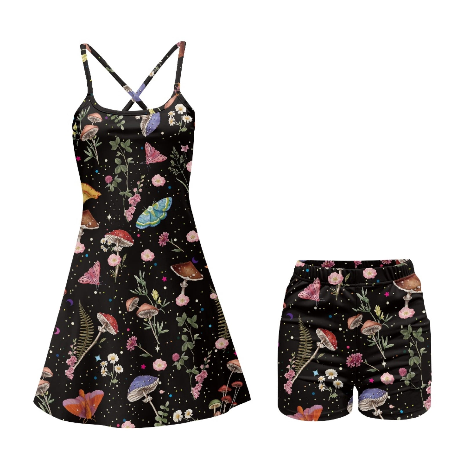 Yuyamidu Aesthetic Mushroom Women's Workout Golf Dress with Pocket Built-in Shorts Butterfly Sleeveless Open Back Tennis Active Dresses 2 Piece Sets Outfits Size M