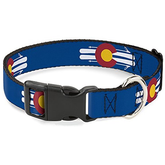Buckle-Down Pet Collar, Dog Collar Plastic Buckle, Colorado Logo Skis Blue White Red Yellow, 9.5 to 14.5 Inches 0.5 Inch Wide