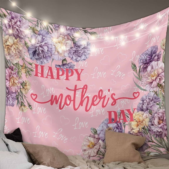 Happy Mother's Day Tapestry for Bedroom Wall Hanging Tapestry, Pink Love Heart Purple Spring Floral Ceiling Backdrop Tapestries Poster Blanket Wall Decor for Teens Room Living Room Dorm 59" x 79"