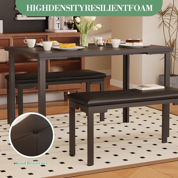 Dining Table Set for 4, Kitchen Table Set with 2 Upholstered Benches, Dining Room Table with MDF Wood Board & Steel Frame for Small Space, Apartment, Restaurant, Bar, Easy Assembly