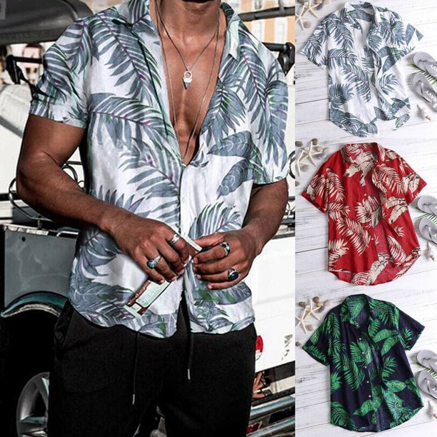 Mens Beach Hawaiian Shirts Cotton Floral Mens Printed Hawaiian Loose ...