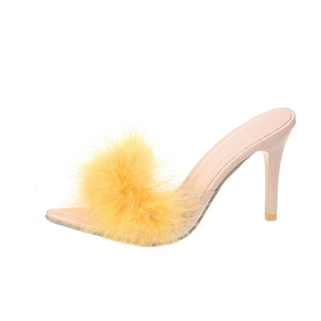

OAVQHLG3B Women s Fish Mouth Open Toe Fluff Decoration High Heel Outer Sandals