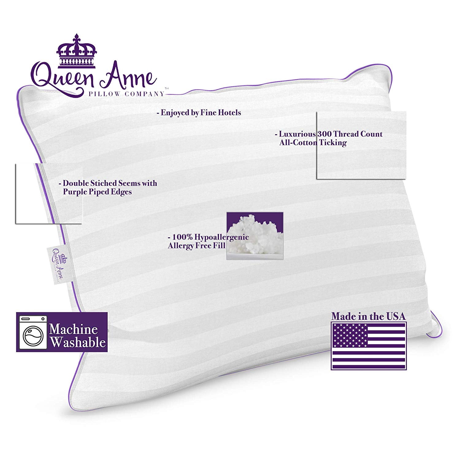 Two (2) Pack Pillows - Luxury Synthetic Down Alternative Pillows - Queen Anne Pillow Co. Majesty Down - Hypoallergenic Allergy Free Bed Pillows - Made in USA (Queen Medium)