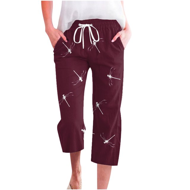 YDLCAFD Women's Spring And Summer Printed Lace Up Pocket Loose Wide Legged Capris (3)