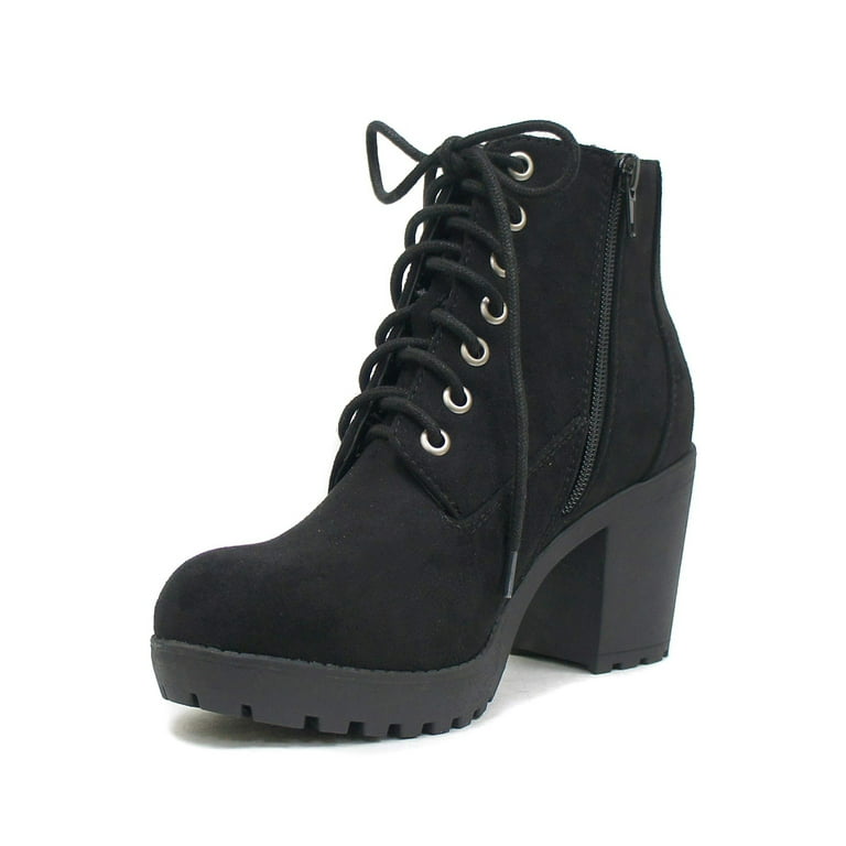 Second S Black Suede Soda Women Ankle Combat Boots High Heels Lace Up Side Zipper Booties 7.5