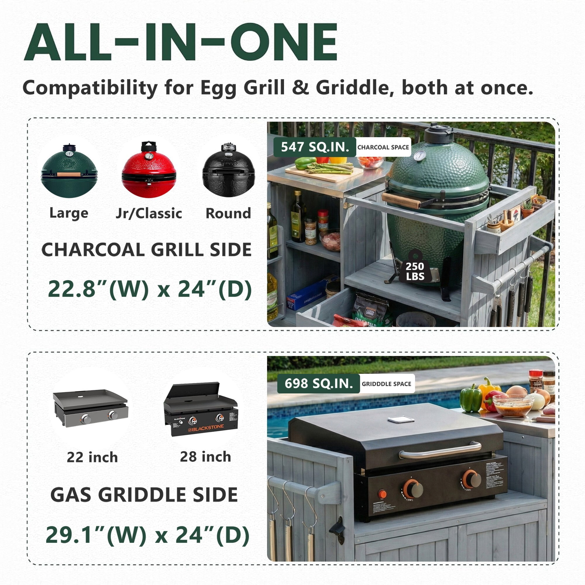 AENKYO 80.5" Outdoor Kitchen Island for Big Green Egg & Blackstone, Wood Grill Cart with Stainless Steel Top, Gray Blue