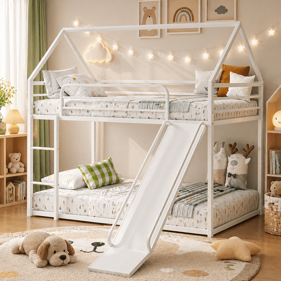 HighSound Metal House Bunk Bed with Convertible Slide, Ladder & Safety Guardrail, Twin over Twin Low Bunk Bed with House Shape & Roof, White