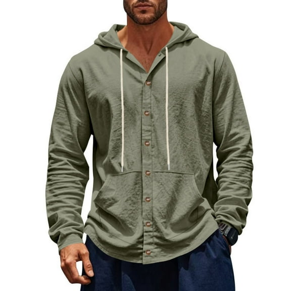 JGNGSHN Men's Linen Hoodies Casual Long Sleeve Hooded Shirts Button Down Shirt Summer Beach Lightweight Tops Army Green