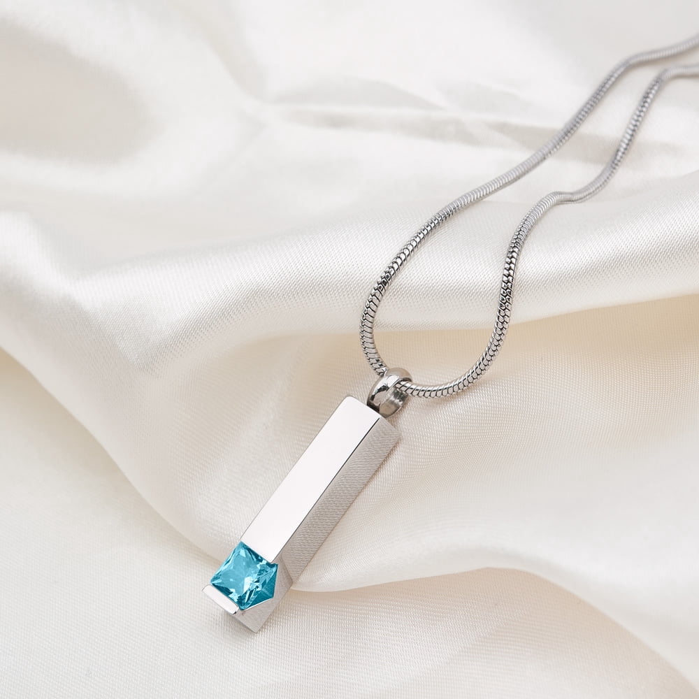 Cremation Jewelry Memorial Birthstone Bar Necklace Handcrafted Waterproof Human Ashes Urn Container with Free Funnel Kit and Velvet Jewelry Box [March]
